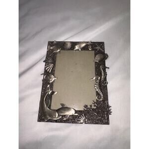 Heavy Cast Metal Ocean Marine Life Picture Frame Pewter Tone Dolphin Seahorse